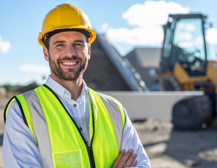 A man wearing a hard hat and safety vest stands in front of a construction site, overseeing ongoing work.