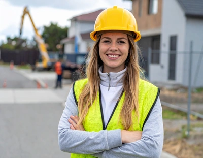 A woman wearing a hard hat and yellow vest stands in front of a house, overseeing construction or renovation work.