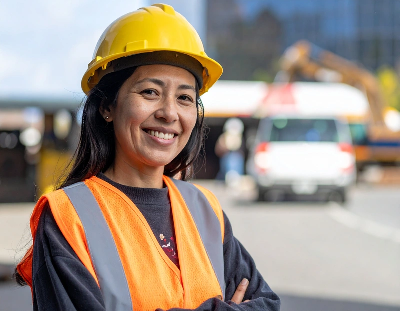 A woman in a hard hat and safety vest stands confidently on a construction site.