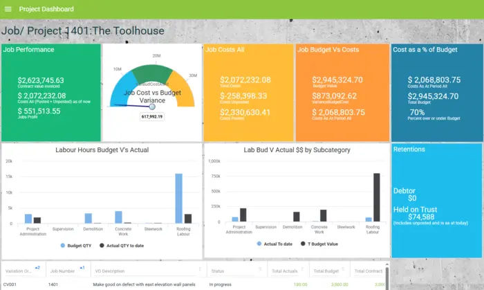 Job dashboard - screenshot of CostCon's job management software