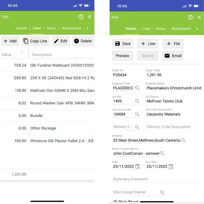 two screenshots of CostCon's purchase order software opened on a mobile device