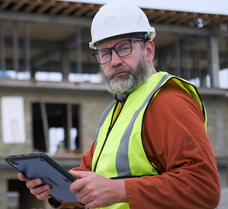 A man wearing a hard hat and safety vest is holding a tablet, likely reviewing construction plans or data.