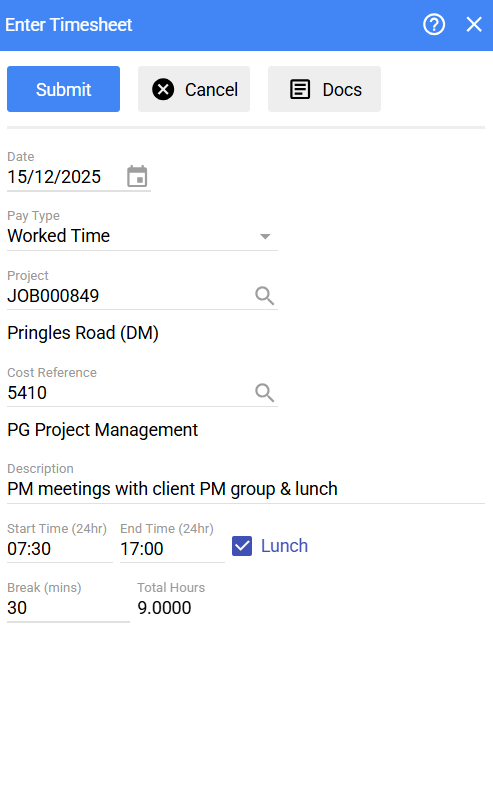 Screenshot of CostCon's mobile timesheet app